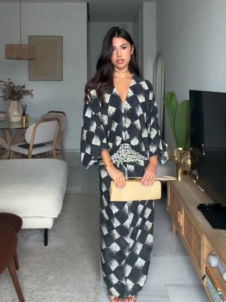 Women's Plaid Batwing Sleeve Maxi Dress