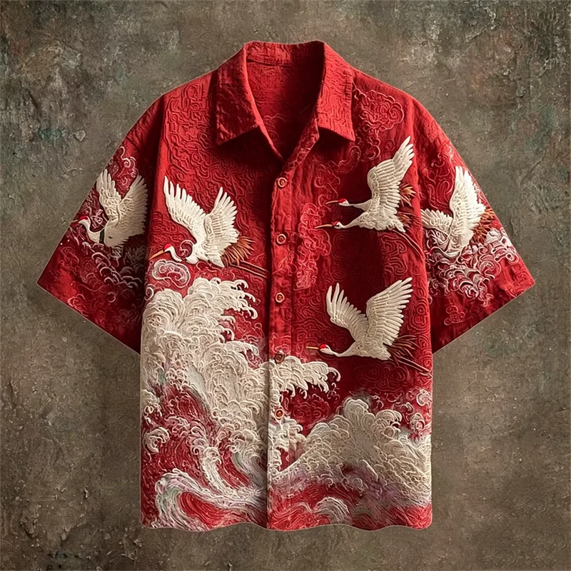 Men's Embossed Crane Print Short Sleeve Shirt