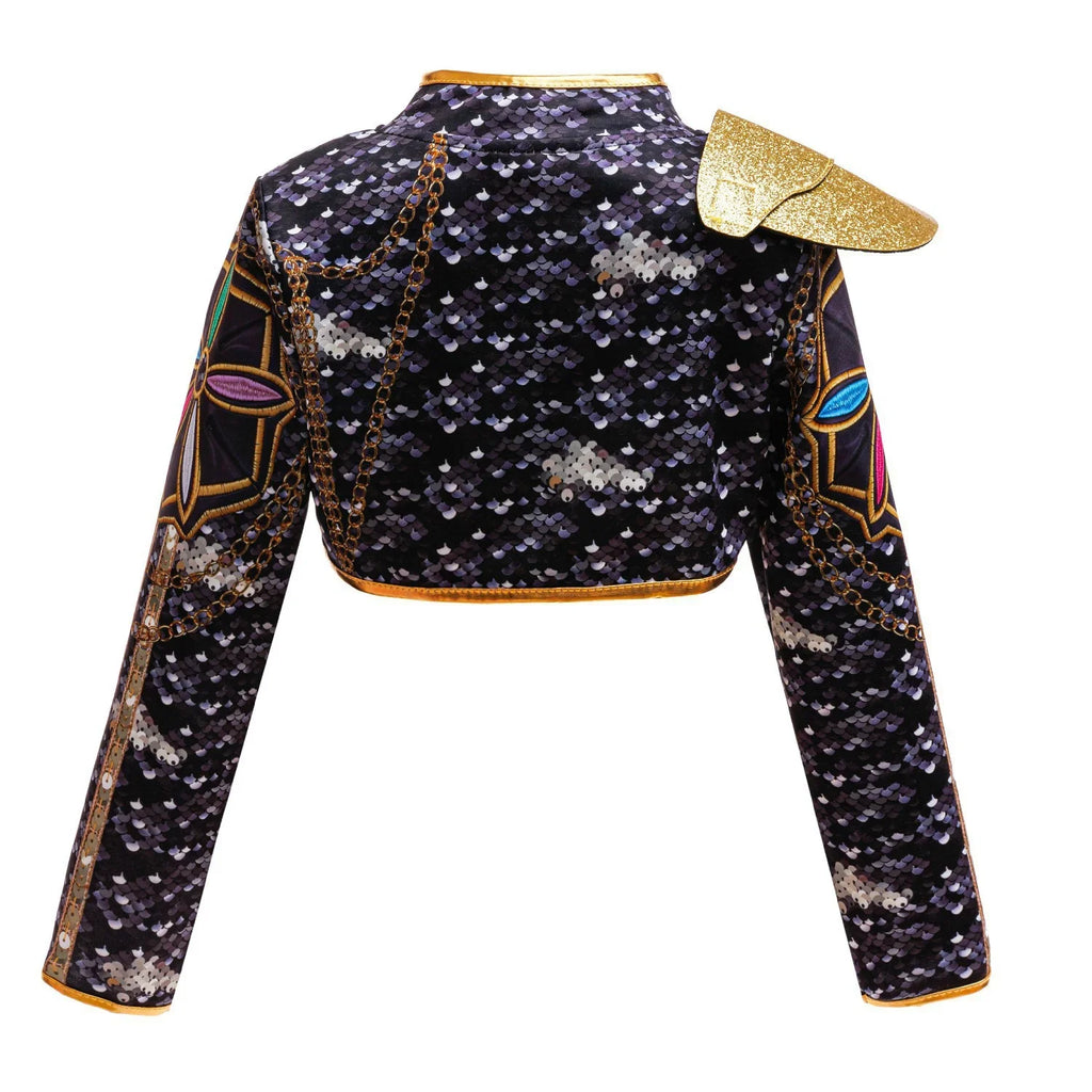 Girls Sequin Hip Hop Dance Outfit Set Crop Top Jacket Shorts with Purple Braid Wig Kids Jazz Stage Costume