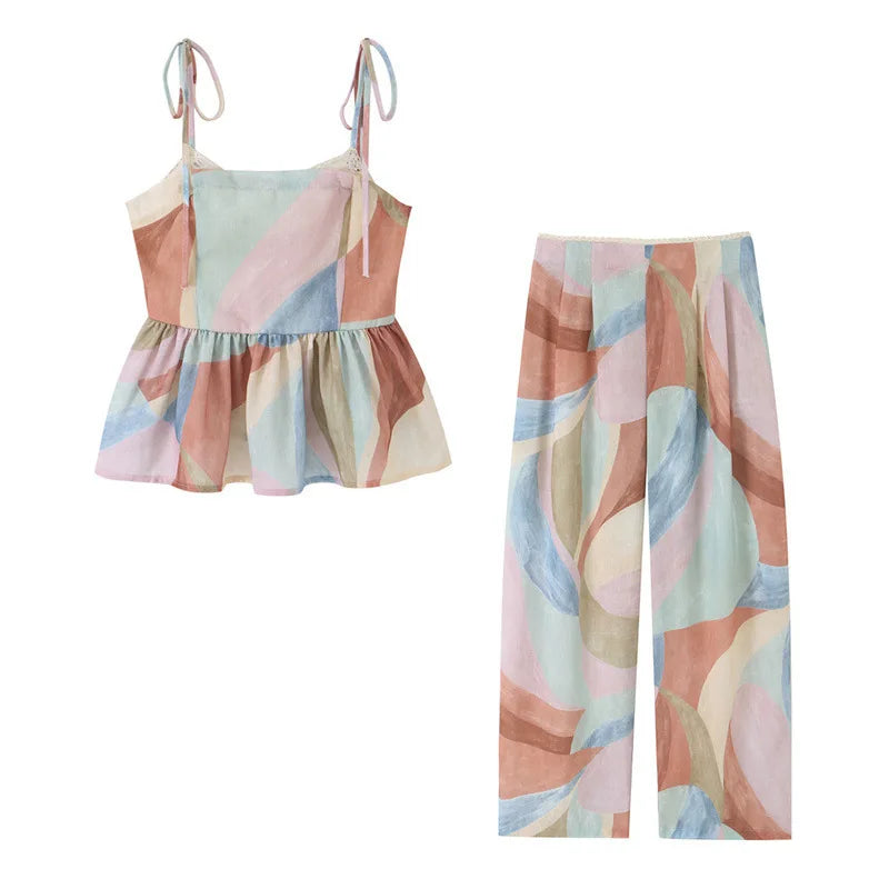 Women's Pastel Print Cami Top and Wide Leg Pants Set