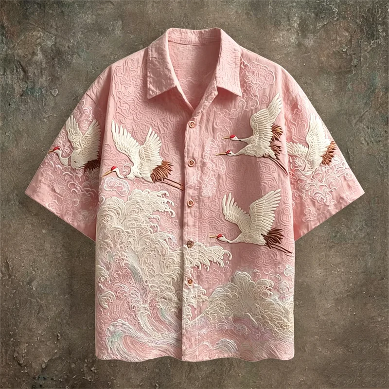 Men's Embossed Crane Print Short Sleeve Shirt