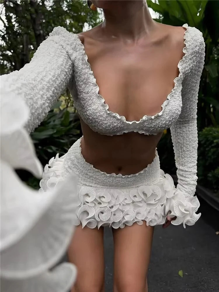 Women's White Ruffle Crop Top and Skirt Set