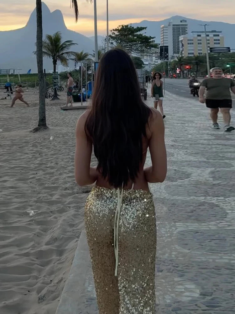 Women's Sequin Halter Top and Wide Leg Pants Set