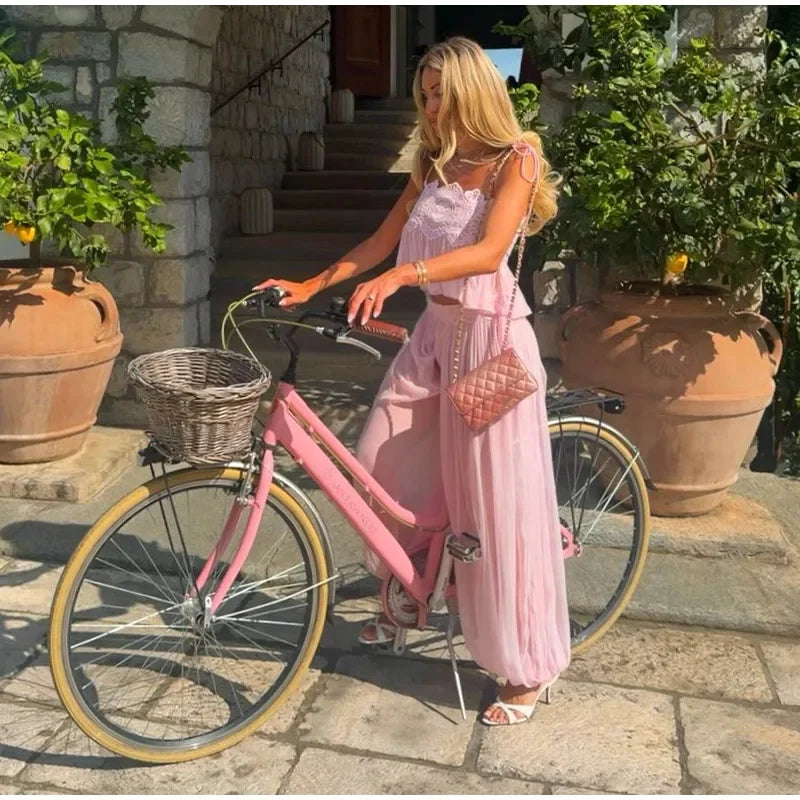 Beach Floral Lace Hollow Out Women Pants Sets 2 Pieces Adjustable Tie Backless Tops Loose Pleated Lantern Pant Summer New Suits
