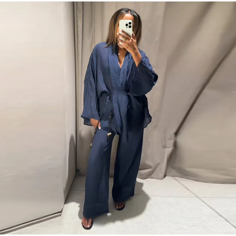 Casual Pleated Cardigan Pants Set V-neck Drop Shoulder Flared Sleeves Belt Waist Shirt Wide Leg Pants 2026 Chic Lightweight Sets