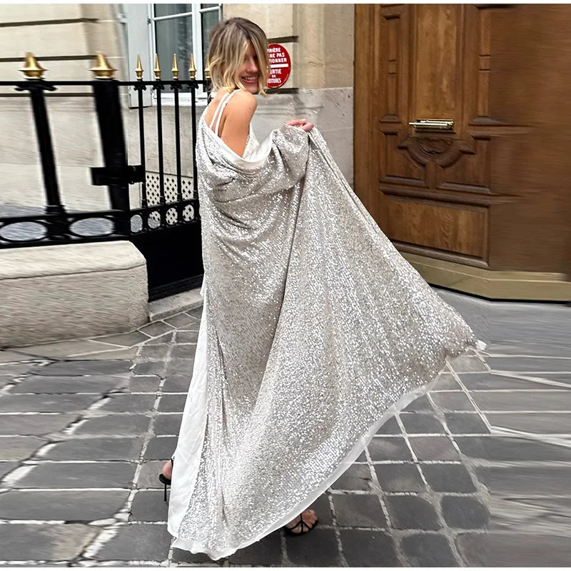 2026 Autumn Sequined Women Long Jacket Urban Full Sleeve Lining Pleated V-neck Cardigan Female Streetwear Fashion Lady Outwear