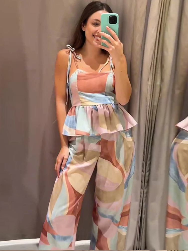 Women's Pastel Print Cami Top and Wide Leg Pants Set