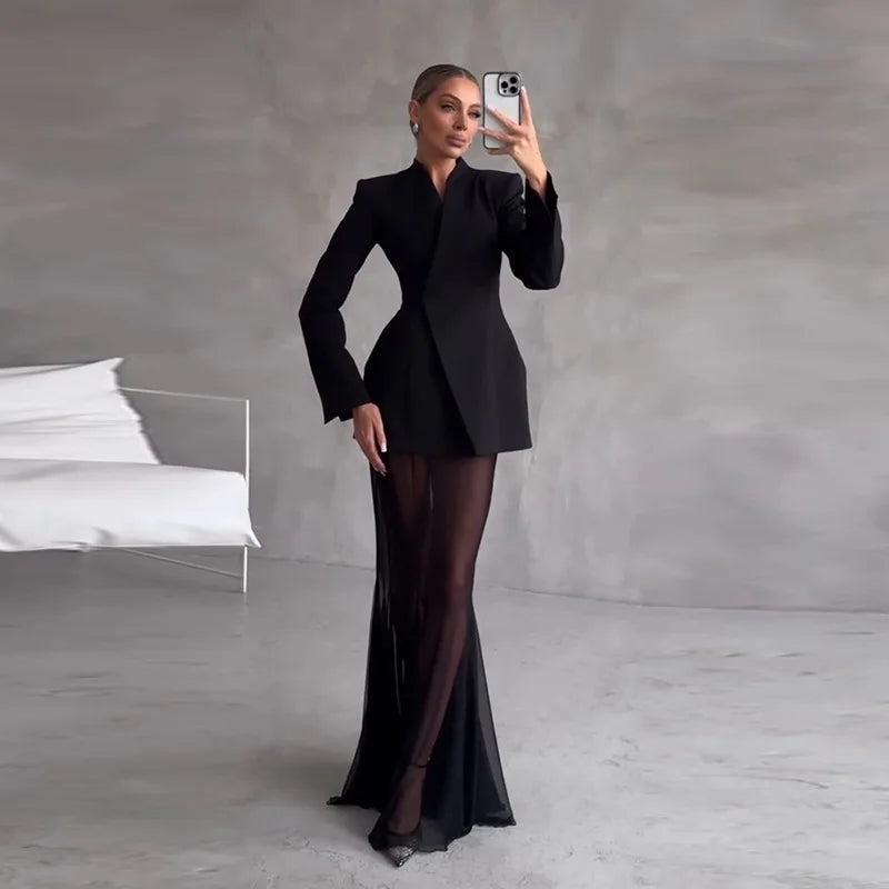 Women's V-Neck Blazer and Tulle Maxi Skirt Set