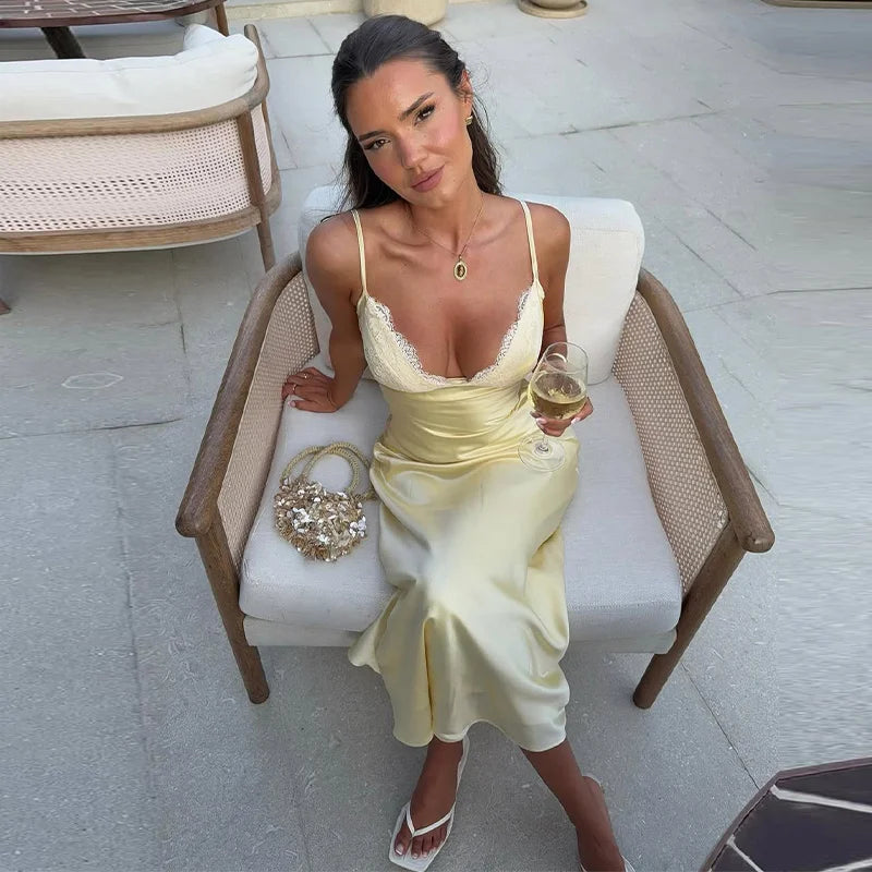 Women's Backless Satin V-Neck Sling Sundress