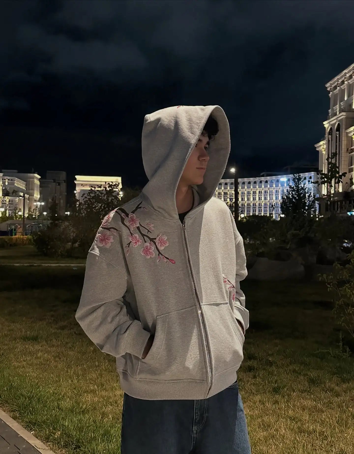 Y2K Cherry Blossom Embroidered Zip Hoodie