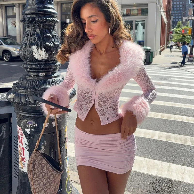 Women's Y2K Furry Crop Top and Mini Skirt Set