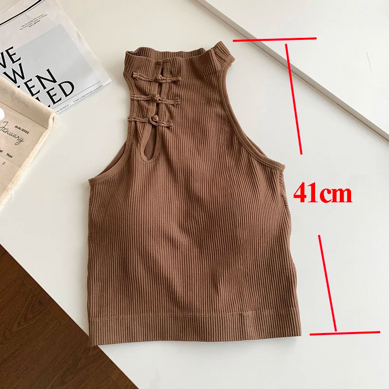 ITOOLIN Elegant Women Chinese Button Tank Tops With Bra Pad O-Neck  Sleeveless Tank Tops For Women Sexy Crop Tops All-Match 2024