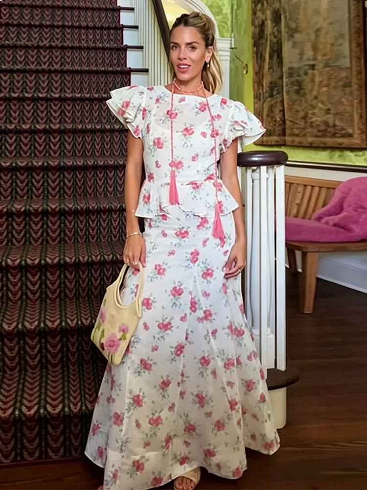 Women's Ruffle Top and Long Skirt 2-Piece Set