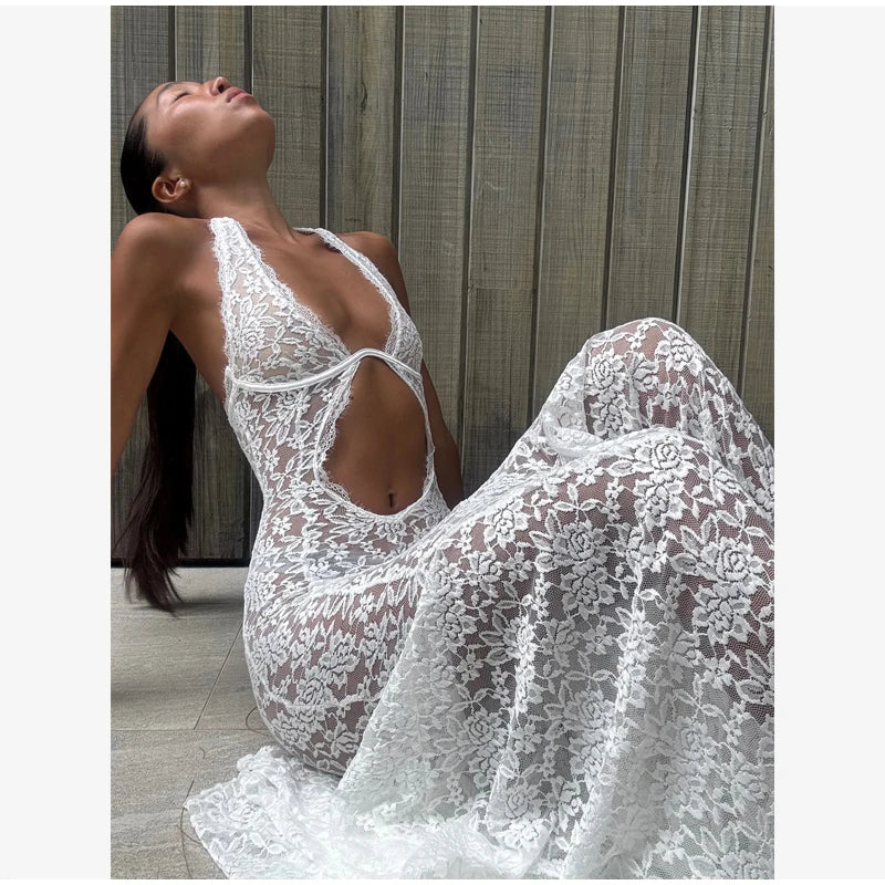 Women's Lace Halter Fishtail Maxi Gown
