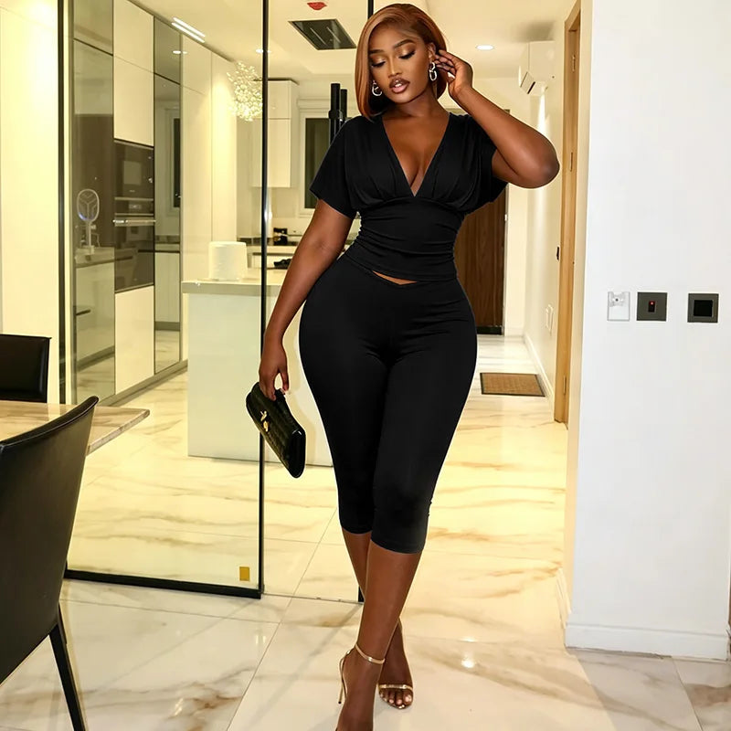 Joskaa Casual Solid 2 Piece Sets Women Sexy V-Neck Ruched Half Sleeve Top and Tight Cropped Pants Matching Tracksuits Streetwear