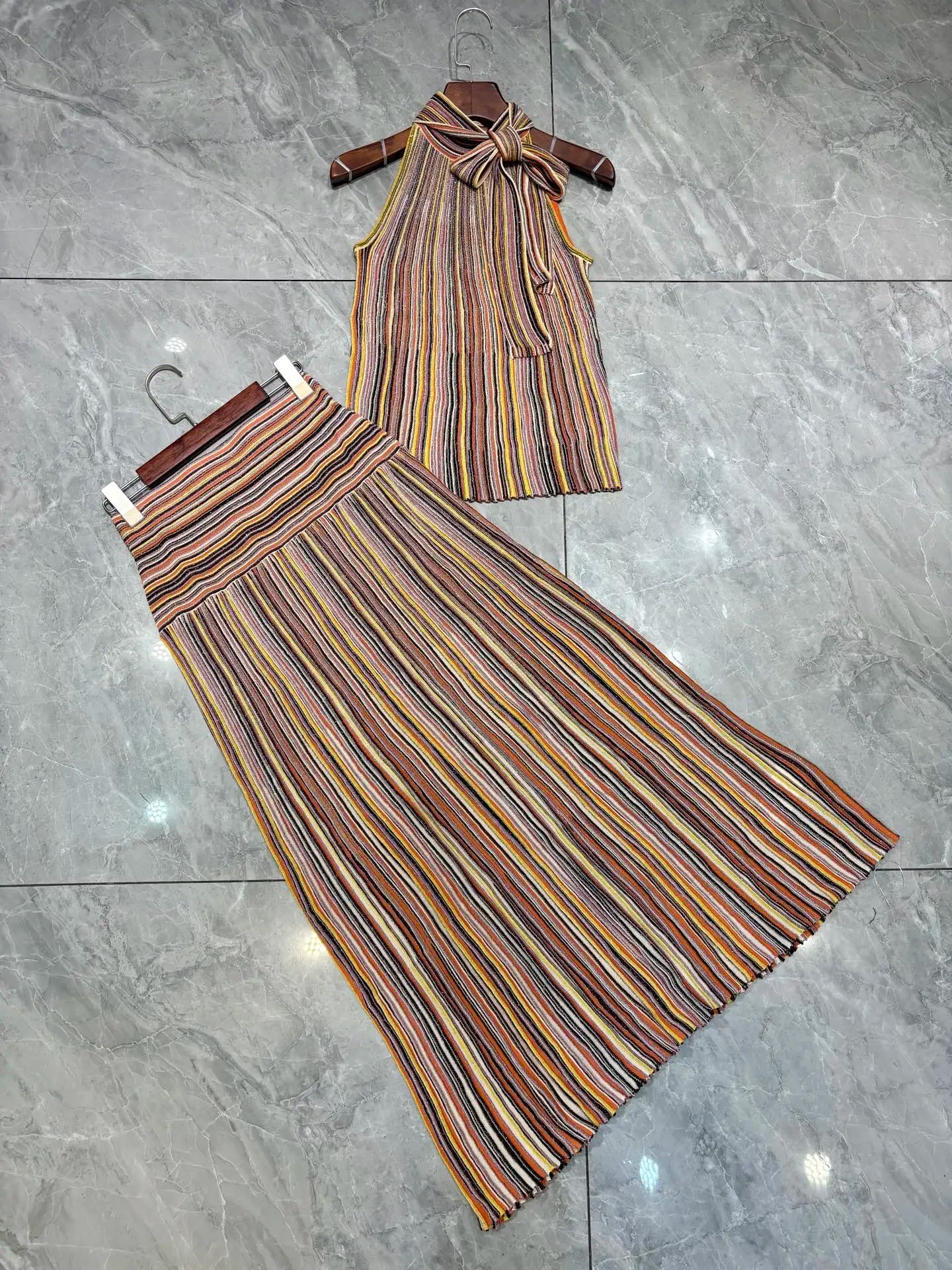 Women's Sequin Striped Knit Vest and Skirt Set