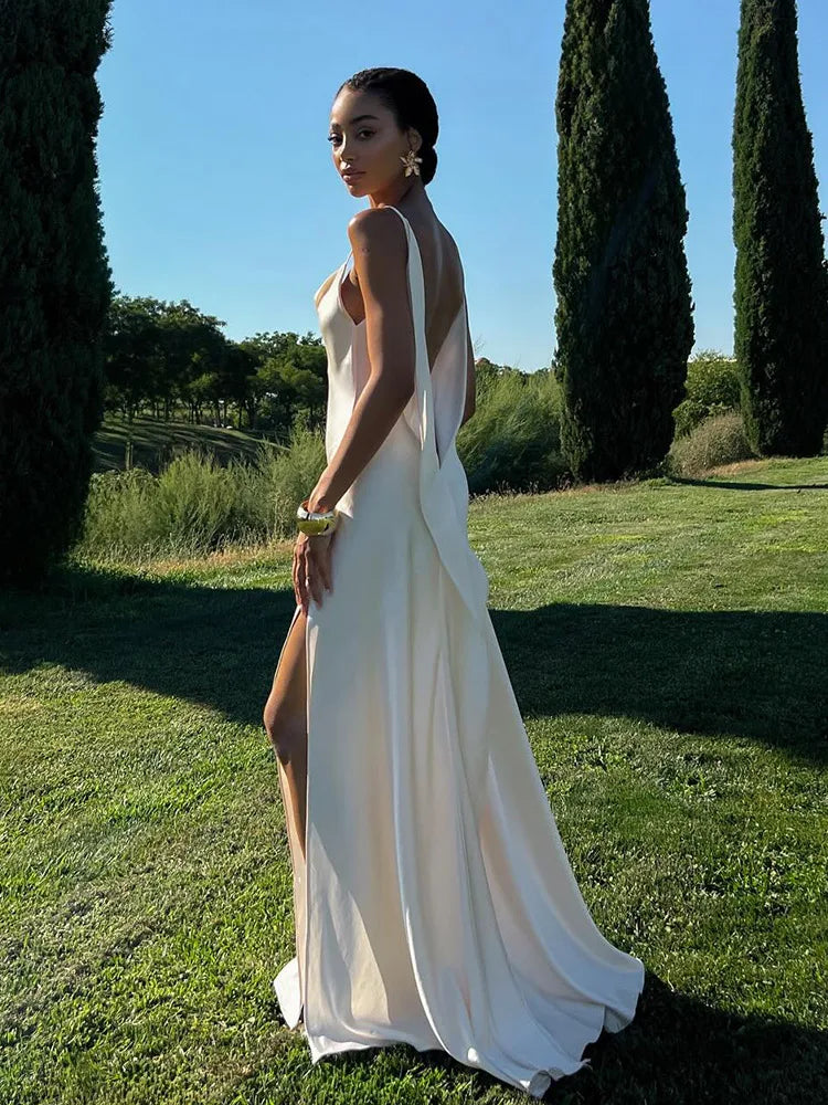 Women's Backless Satin V-Neck Sling Sundress
