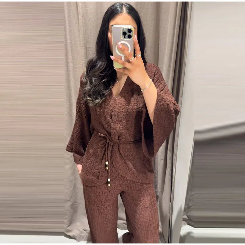 Casual Pleated Cardigan Pants Set V-neck Drop Shoulder Flared Sleeves Belt Waist Shirt Wide Leg Pants 2026 Chic Lightweight Sets