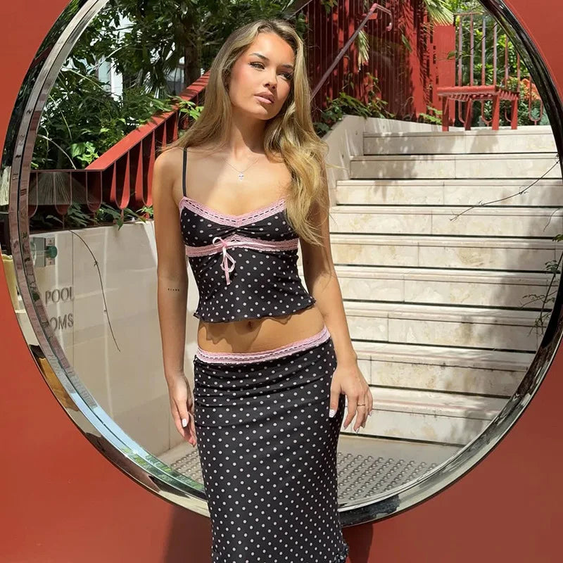 2026 Spring Summer Women's Two-Piece Set European American Style Spice Girl Polka Dot Print Lace Vest and Mini Skirt Outfits