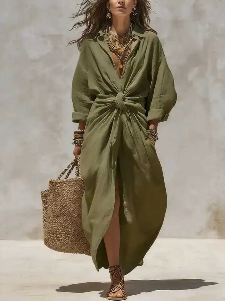 Women's Boho Linen Maxi Shirt Dress