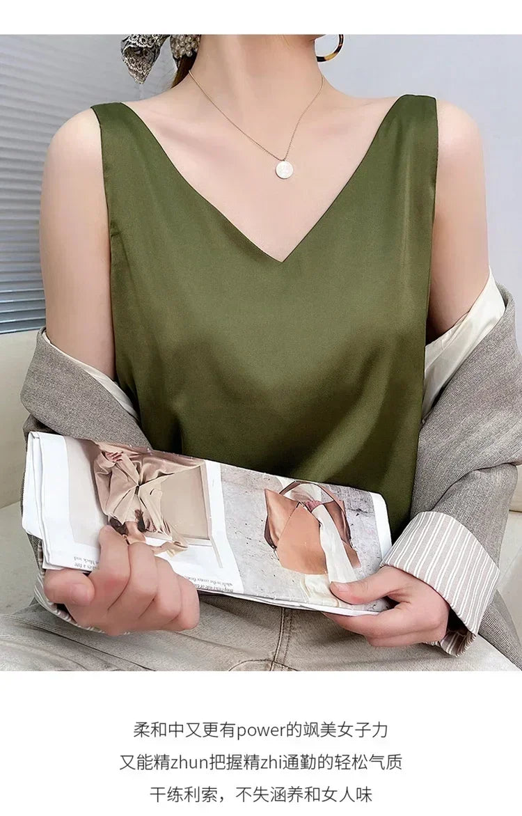 Summer New Silk Top Special Offer Sexy Strap Women's V-neck Printed Letter Tank Top Korean Fashion Solid Color Thin T-shirt