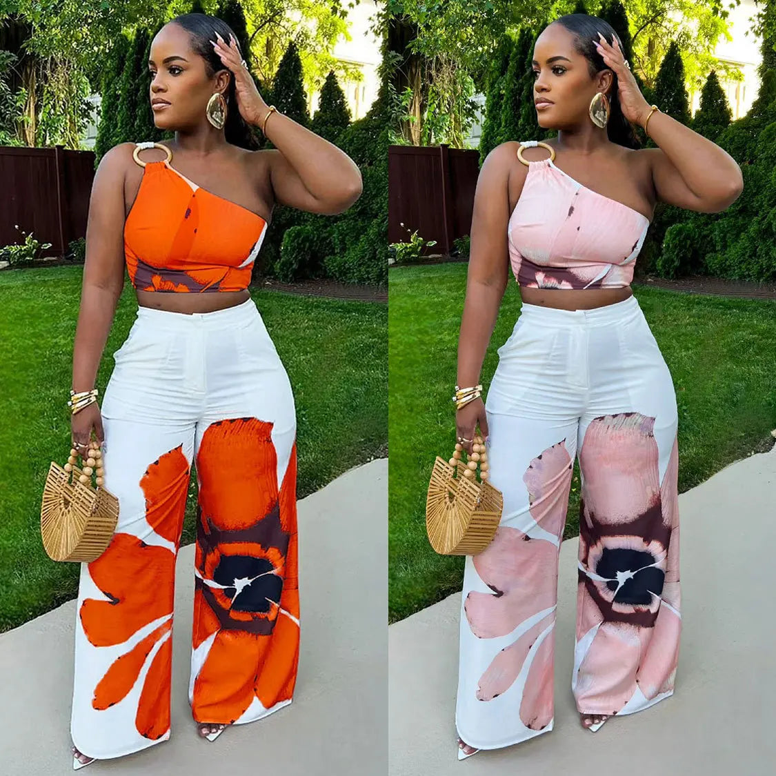 Matching Sets Wide Leg Full Length Pant Sexy Print One Shoulder Tops Pullover Pant Sets Loose Pockets High Street Spliced