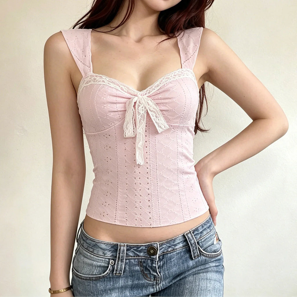 Sweet Lace Bow Knit Tank Top Women Spring Summer Coquette Y2K Sleeveless Crop Top Sexy Cute Cami Top Korean Style Vest