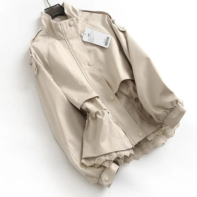 Women's Lace Trim Stand Collar Trench Coat