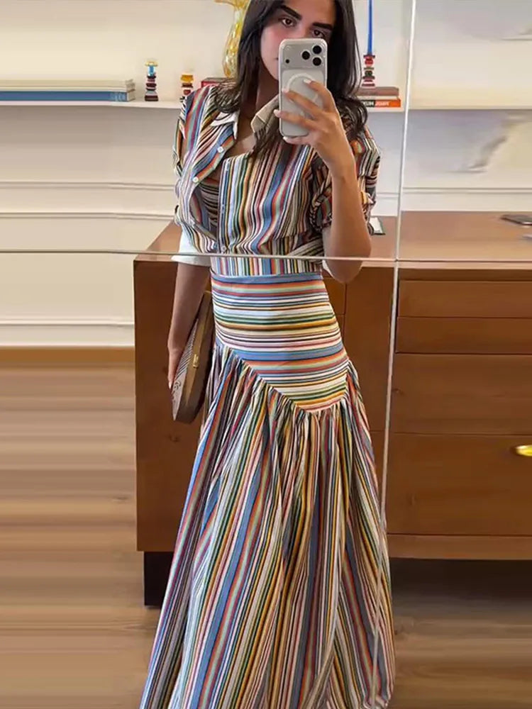 Women's Striped Shirt and Pleated Maxi Skirt Set