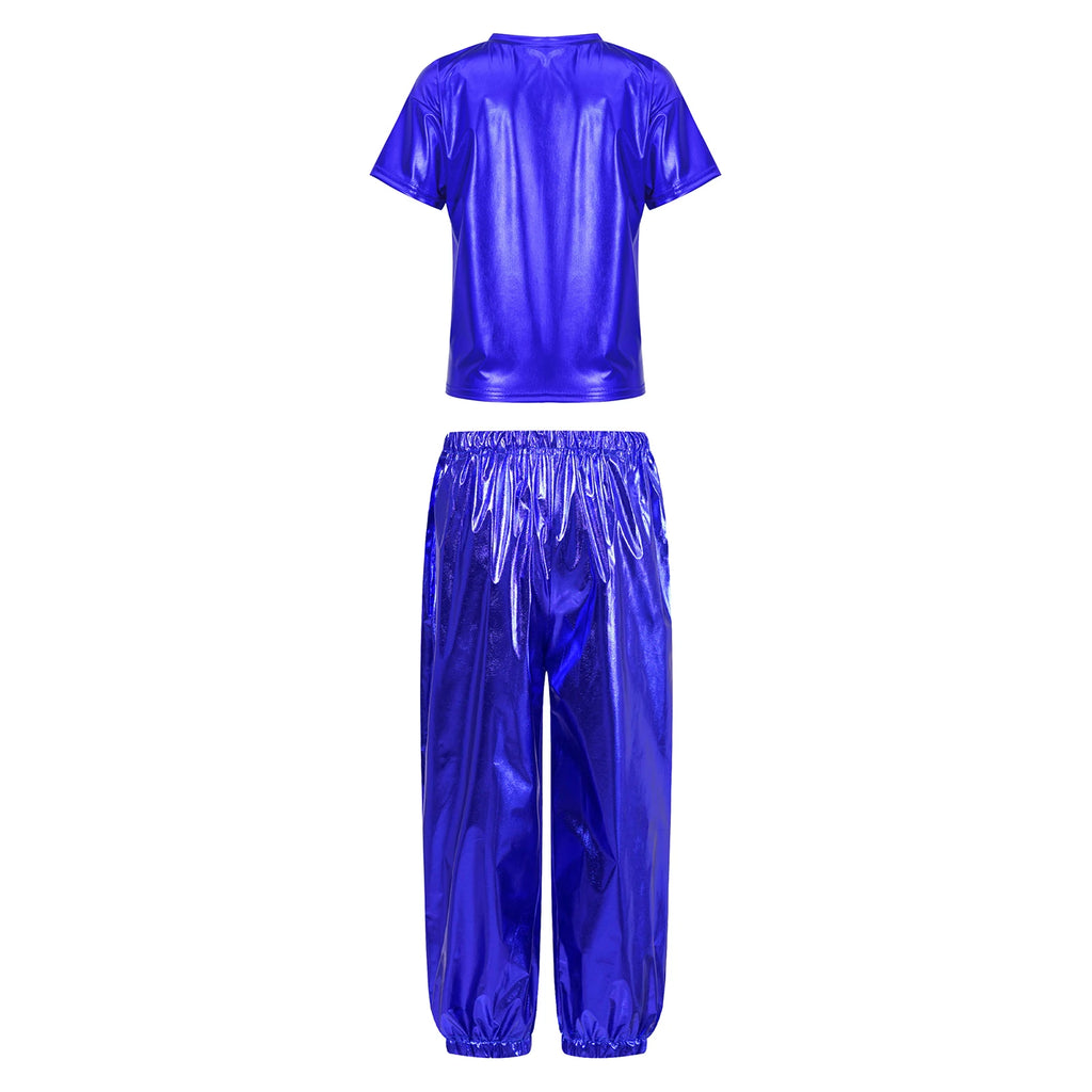 Kids Girls Boys Fashion Clothes Set Metallic Shiny T-shirt with Pants Suit for Jazz Hip Hop Street Dance Performance Costume