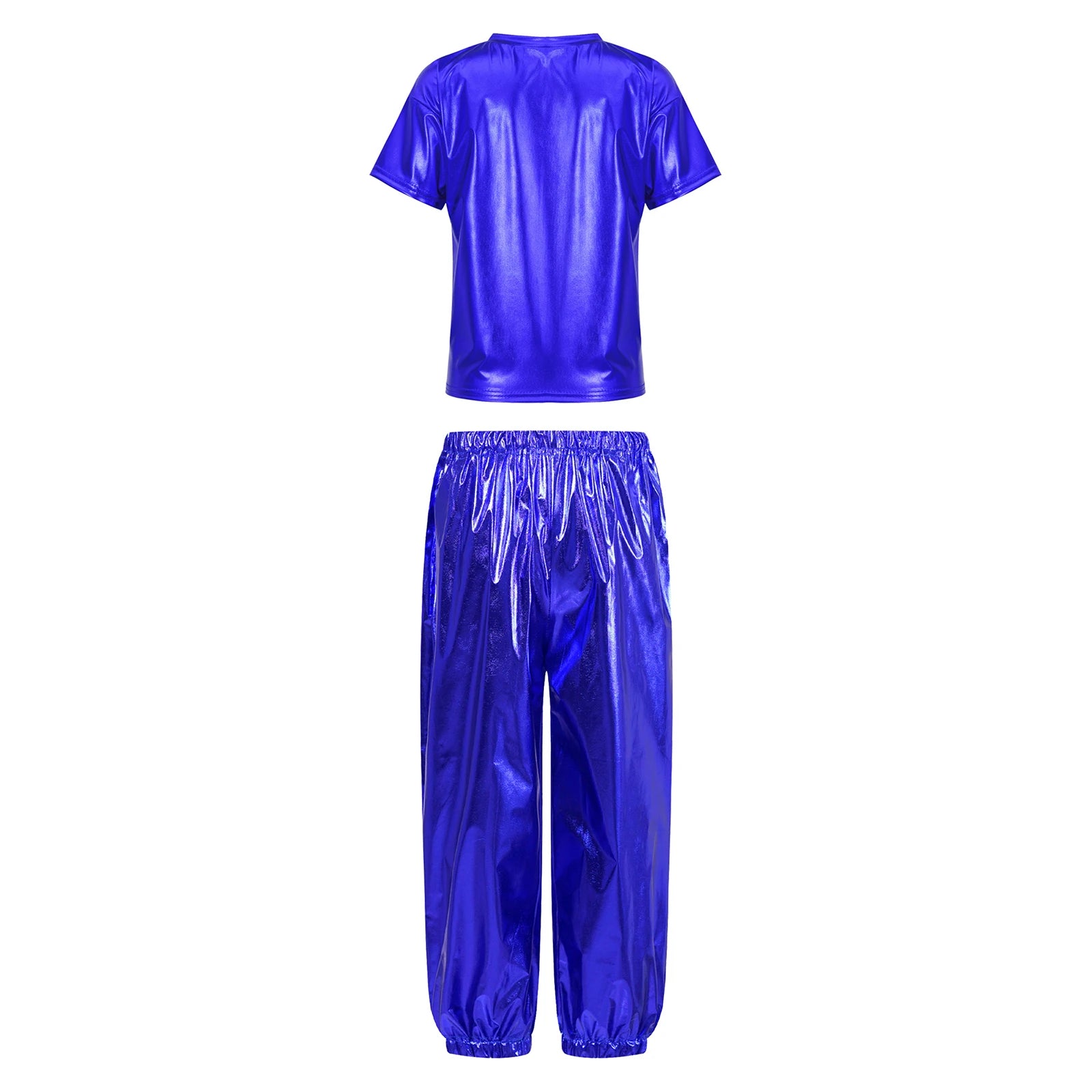 Kids Girls Boys Fashion Clothes Set Metallic Shiny T-shirt with Pants Suit for Jazz Hip Hop Street Dance Performance Costume