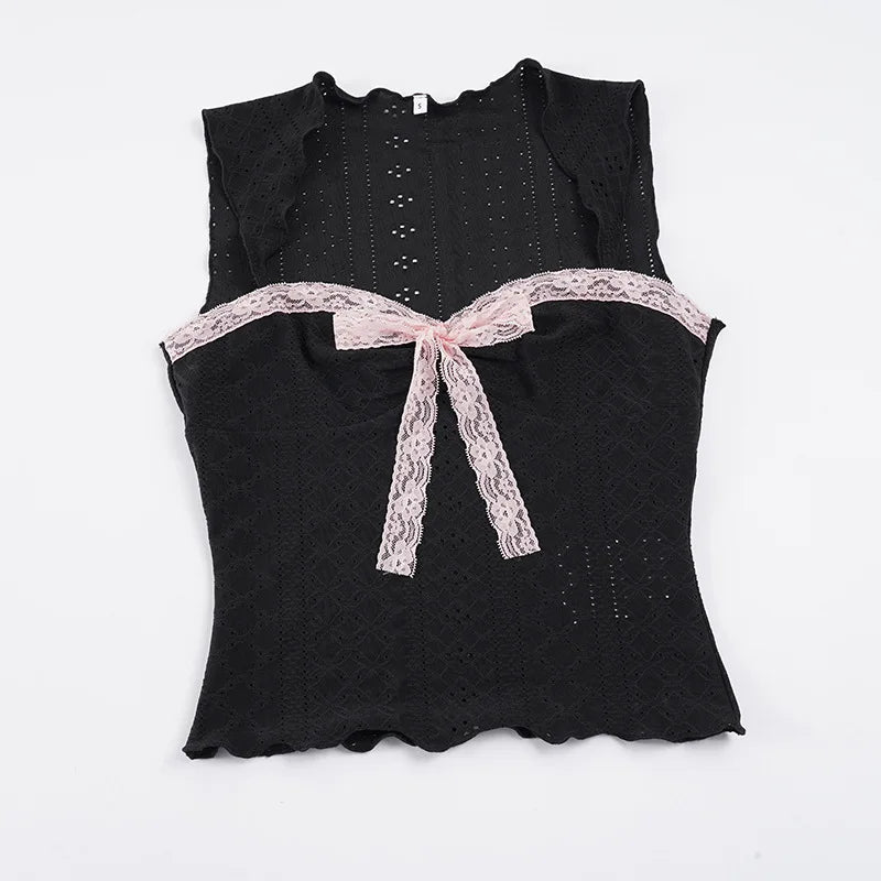Sweet Lace Bow Knit Tank Top Women Spring Summer Coquette Y2K Sleeveless Crop Top Sexy Cute Cami Top Korean Style Vest