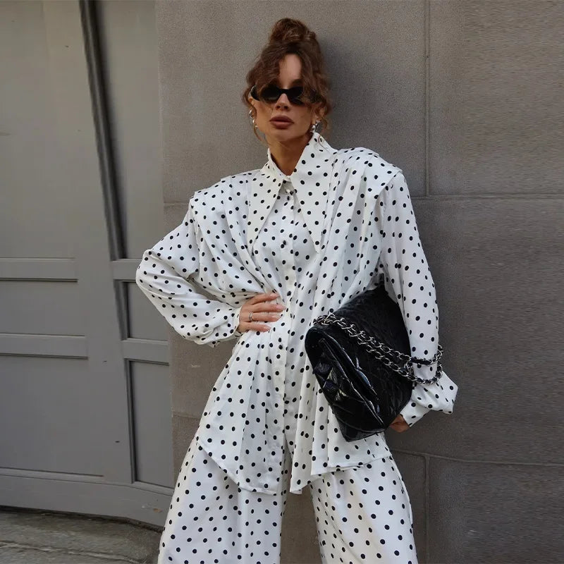 Women's Dot Shirt and Wide Leg Pants Set