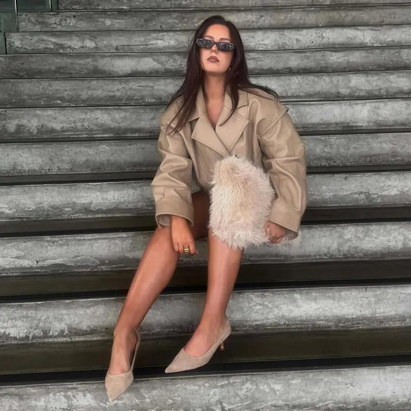 Casual Solid Pu Jackets Women Fashion Loose Khaki Lapel Double Breasted Leather Coat Female 2026 Autumn Lady Outwears Chic
