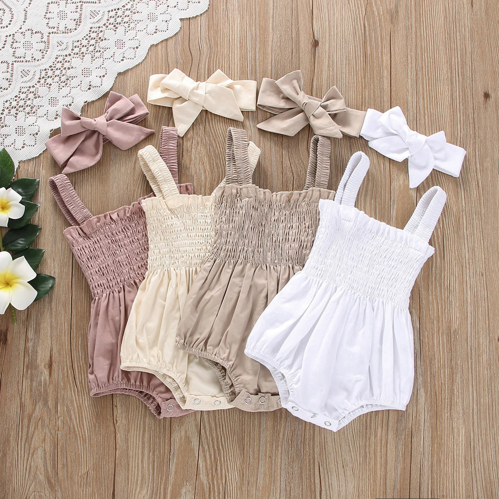 Citgeett Summer Infant Baby Girls Jumpsuit Outfit Solid Color Casual Sleeveless Suspender Jumpsuit Headband Clothes