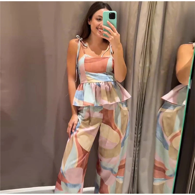 Women's Pastel Print Cami Top and Wide Leg Pants Set