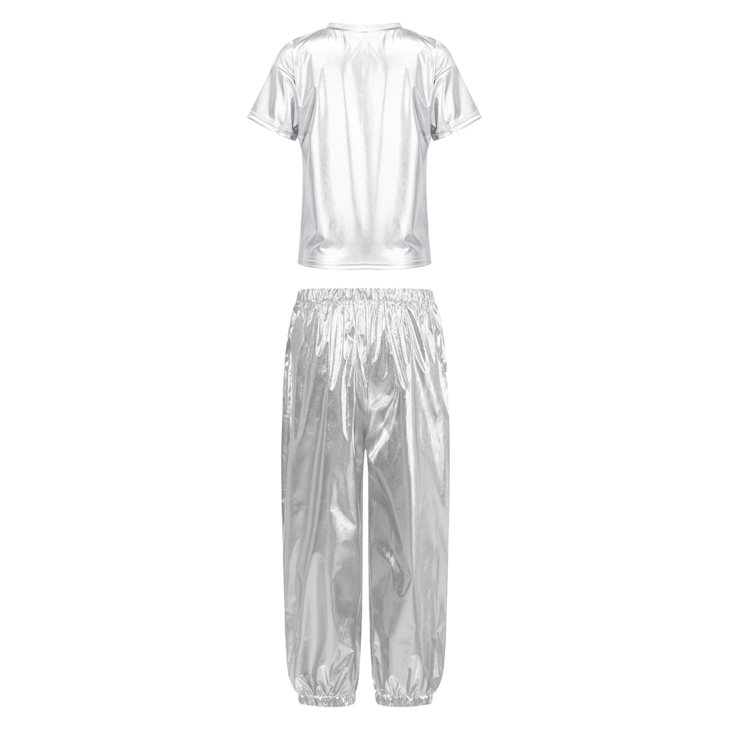 Kids Girls Boys Fashion Clothes Set Metallic Shiny T-shirt with Pants Suit for Jazz Hip Hop Street Dance Performance Costume