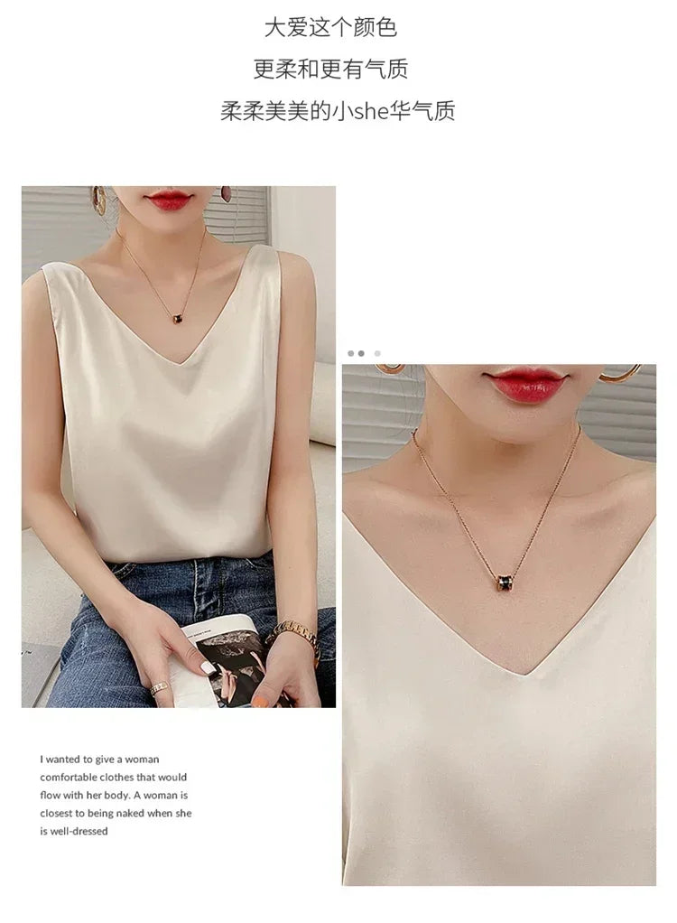 Summer New Silk Top Special Offer Sexy Strap Women's V-neck Printed Letter Tank Top Korean Fashion Solid Color Thin T-shirt