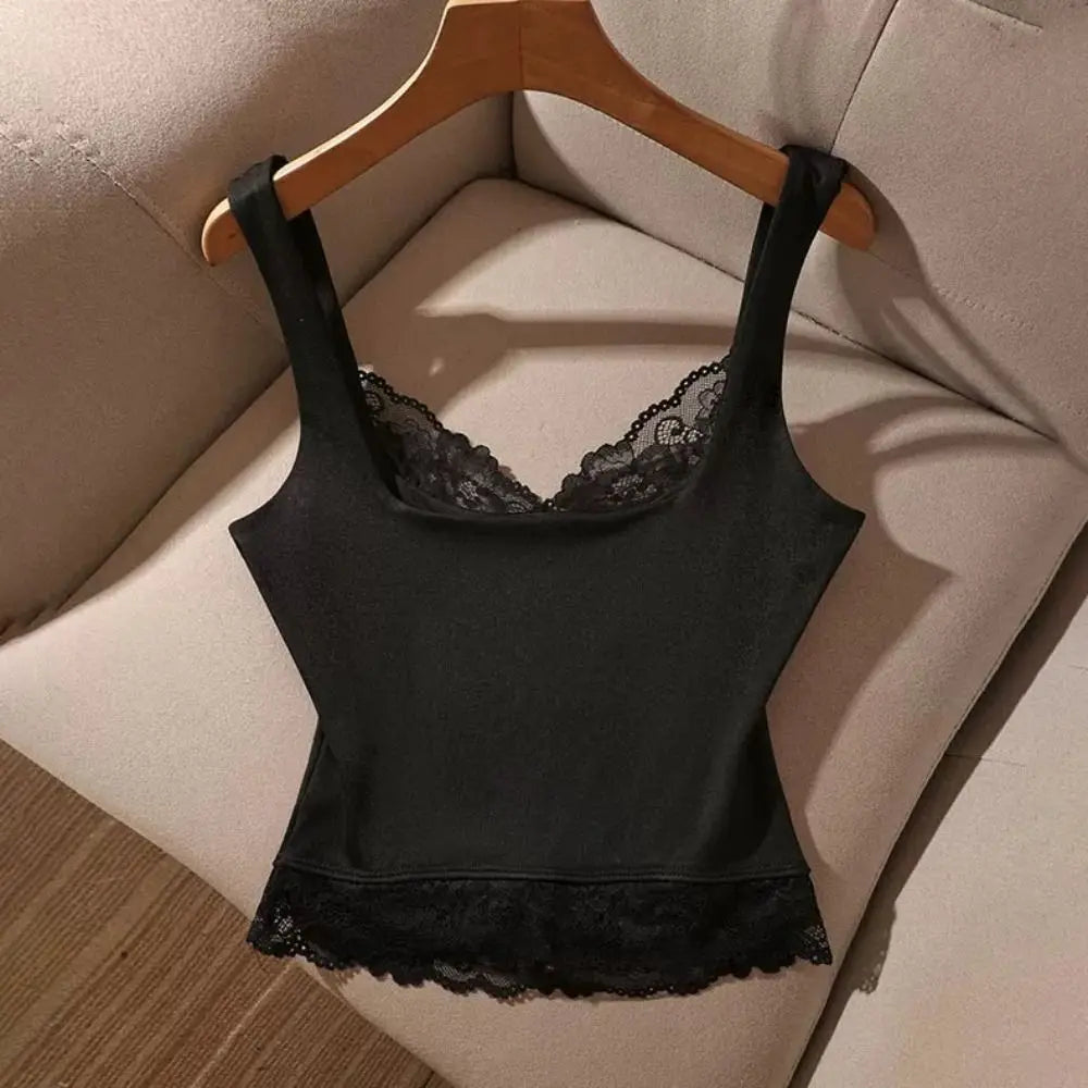 Ins Style Sleeveless Slim Lace Crop Top Solid Color V-neck Lace Sling Tank Bottoming Shirt Patchwork Spaghetti Y2k Top Summer