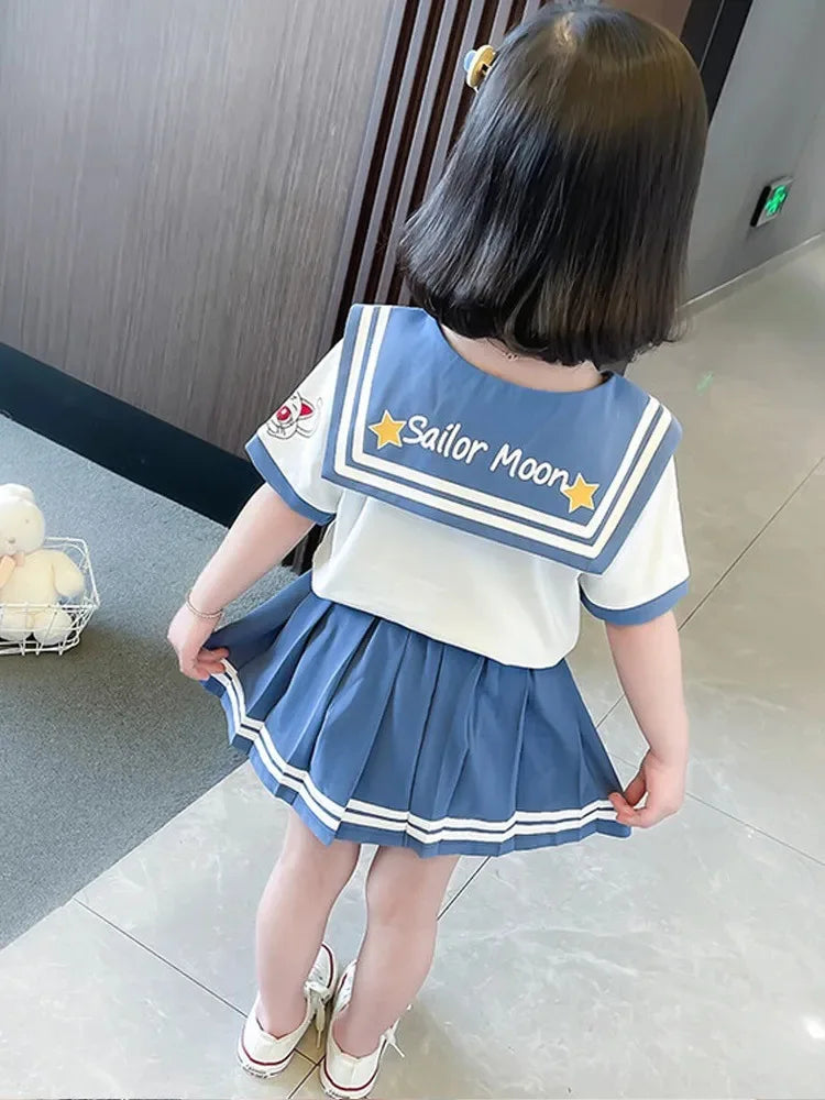 Baby Girls Clothes Sets Summer Bow Striped Tops Pleated Skirts Suits Cute Sailor Moon Cosplay Party Custume Children Clothes Set