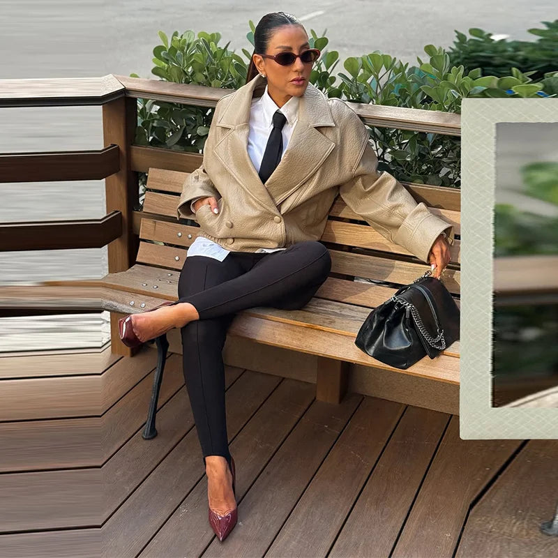 Casual Solid Pu Jackets Women Fashion Loose Khaki Lapel Double Breasted Leather Coat Female 2026 Autumn Lady Outwears Chic