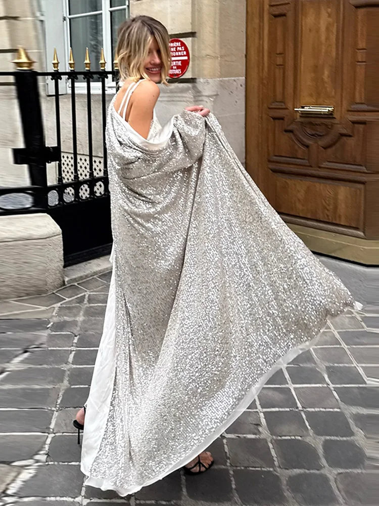 2026 Autumn Sequined Women Long Jacket Urban Full Sleeve Lining Pleated V-neck Cardigan Female Streetwear Fashion Lady Outwear