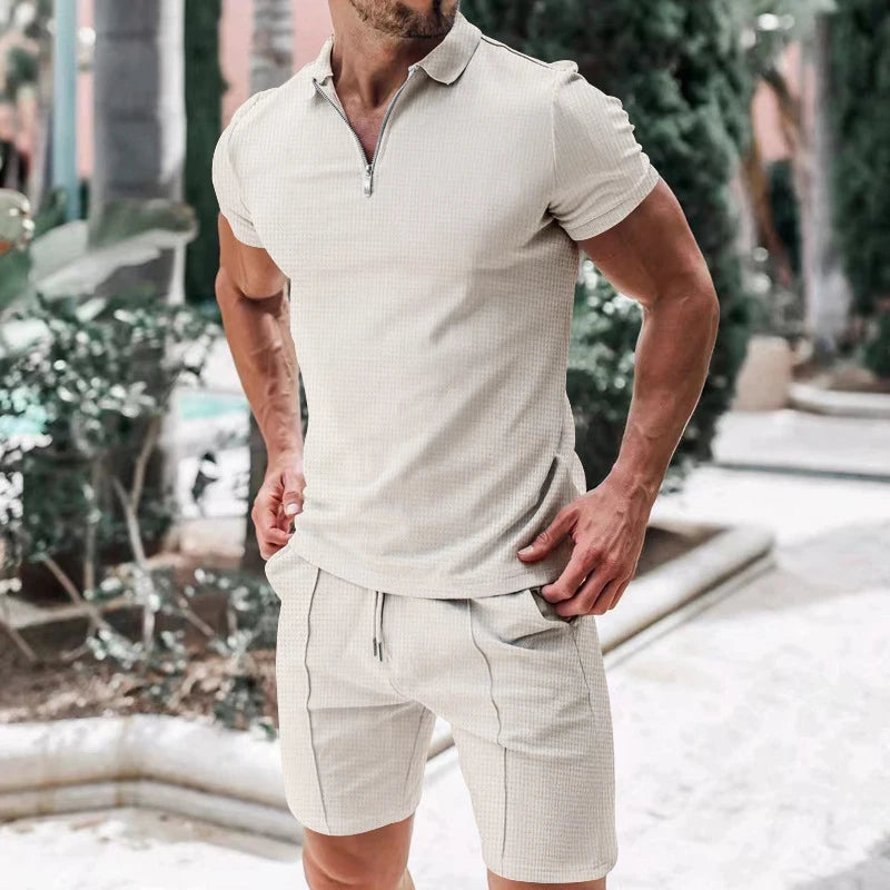Summer New Men's Suit Fashion Printing Lapel Zipper 2 Piece Set Short-sleeved T-shirt and Shorts Sportswear Beach Suit