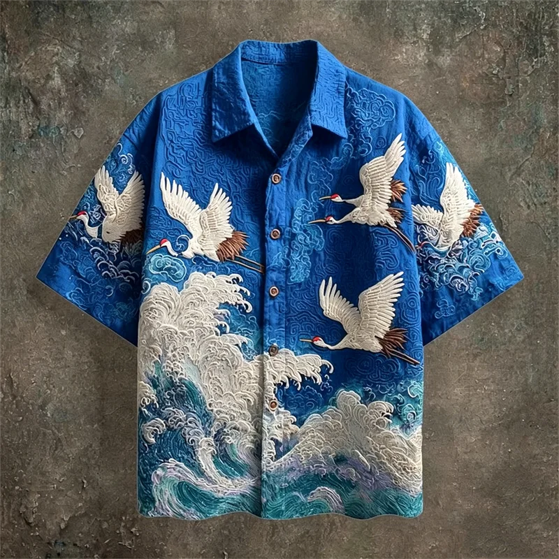 Men's Embossed Crane Print Short Sleeve Shirt