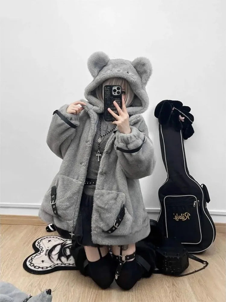 Women's Mouse Ear Hooded Faux Fur Coat