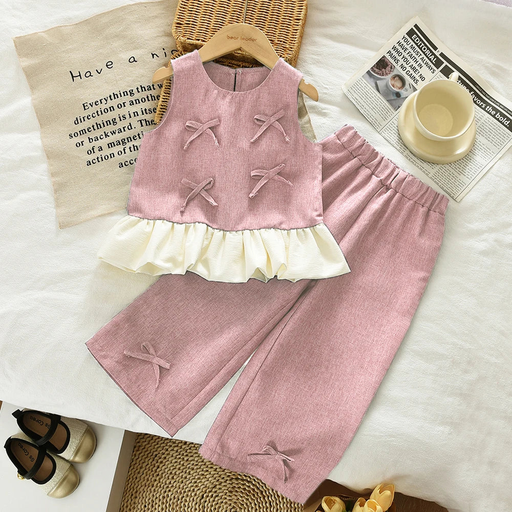 Blue Summer New Casual Girls' Clothes Round Neck Sleeveless Bow Lace Vest Princess Dress for Girls Aged 3-7 Korean Version