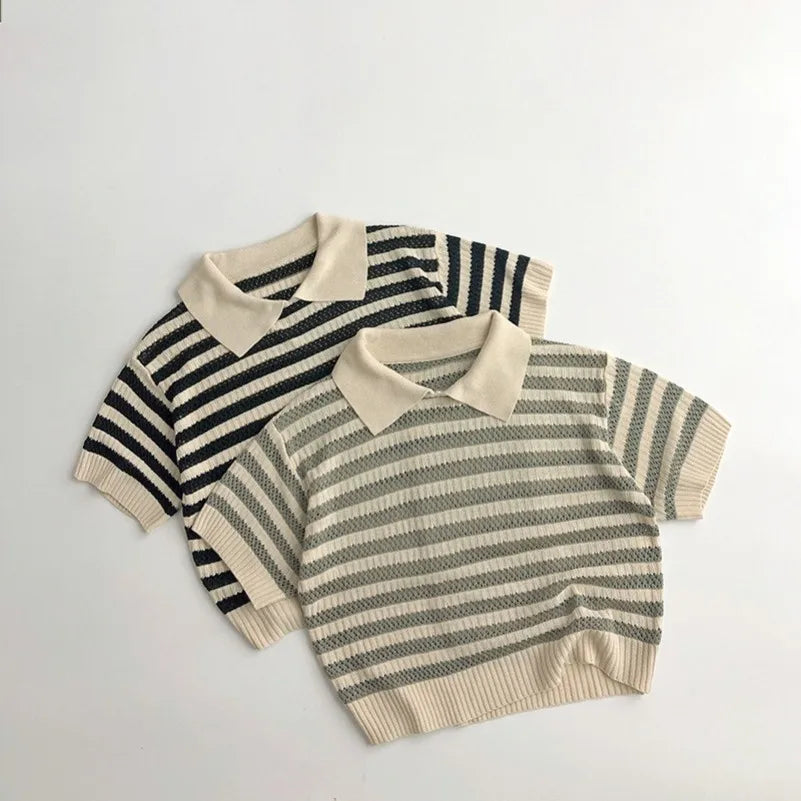 Spring and Summer Japanese Korean 1-6Y Children's Hollow Knitted Shirts Stylish Girl's Boy's Striped Short Sleeved T-shirts