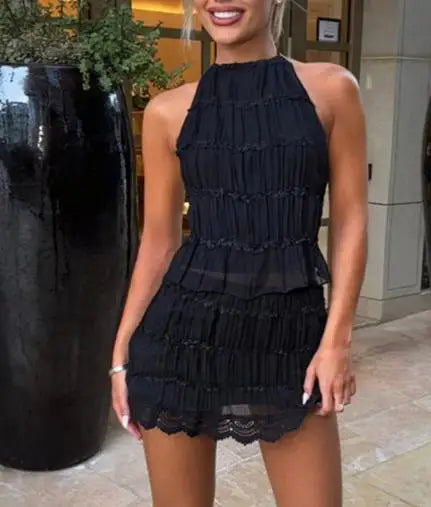 Women's Halter Ruffled Crop Top and Mini Skirt Set
