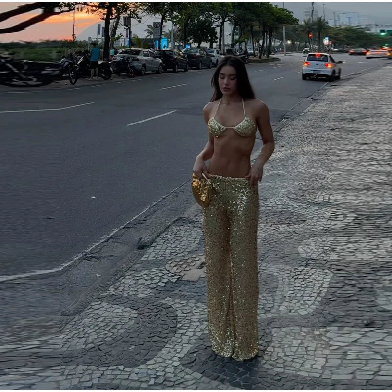 Women's Sequin Halter Top and Wide Leg Pants Set