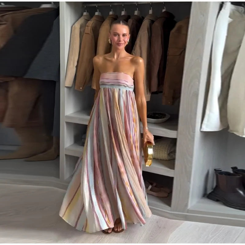 Women's Striped Shirt and Pleated Maxi Skirt Set